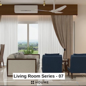 Living room with a ceiling fan with woven blades hanging from the ceiling. A brown leather couch sits on a woven jute rug. Two brown accent chairs flank a round wooden coffee table. Text overlay: Houme India - Interior Design Ideas.