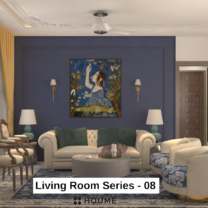Living room with a modern abstract painting in shades of blue, green, and brown hanging on a white wall. A gray fabric sofa sits across from the painting, with a round wooden coffee table and a woven jute rug in the center of the space. Text overlay: Houme India - Interior Design Ideas.