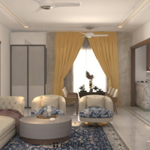Living room with a modern abstract painting in shades of blue, green, and brown hanging on a white wall. A gray fabric sofa sits across from the painting, with a round wooden coffee table and a woven jute rug in the center of the space. Text overlay: Houme India - Interior Design Ideas. B