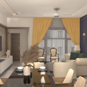 Living room with a modern abstract painting in shades of blue, green, and brown hanging on a white wall. A gray fabric sofa sits across from the painting, with a round wooden coffee table and a woven jute rug in the center of the space. Text overlay: Houme India - Interior Design Ideas. C