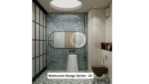 Simple, clean bathroom interior featuring a white toilet, pedestal sink with a chrome faucet, and a rectangular mirror with a chrome frame above the sink. The walls are a light beige color, and a window with frosted glass on the right wall allows for natural light. Text overlay: Houme India - Interior Design Ideas.