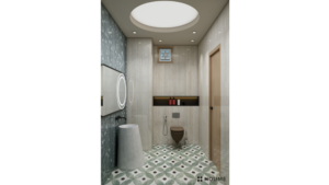 Simple, clean bathroom interior featuring a white toilet, pedestal sink with a chrome faucet, and a rectangular mirror with a chrome frame above the sink. The walls are a light beige color, and a window with frosted glass on the right wall allows for natural light. Text overlay: Houme India - Interior Design Ideas. B