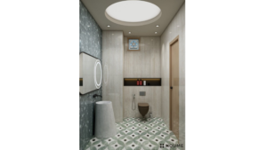 Simple, clean bathroom interior featuring a white toilet, pedestal sink with a chrome faucet, and a rectangular mirror with a chrome frame above the sink. The walls are a light beige color, and a window with frosted glass on the right wall allows for natural light. Text overlay: Houme India - Interior Design Ideas. C