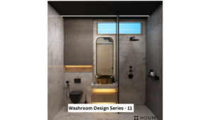Simple, clean bathroom interior featuring a white toilet, pedestal sink with a chrome faucet, and a rectangular mirror with a chrome frame above the sink. The walls are a light beige color, and a window with frosted glass on the right wall allows for natural light to fill the room while maintaining privacy. Text overlay: Houme India - Interior Design Ideas.