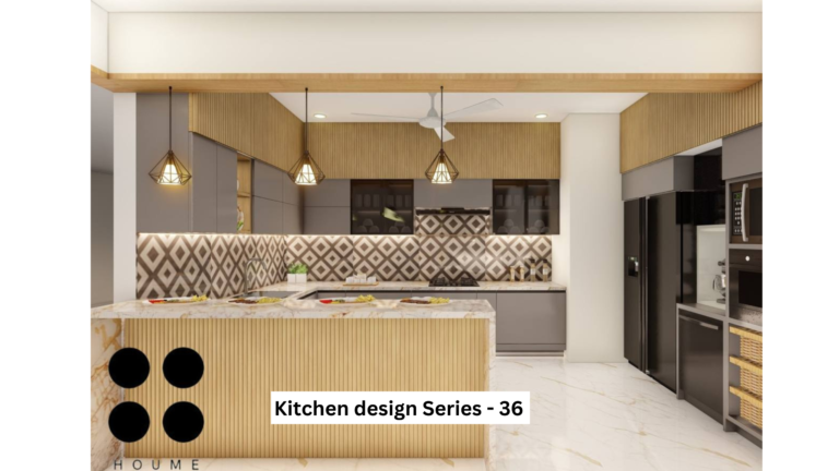 Modern kitchen interior featuring white cabinets with chrome hardware and white quartz countertops. A stainless steel sink and faucet are visible in the foreground, with a built-in oven and microwave stacked in a tall cabinet to the left and a built-in dishwasher beneath the counter to the right. Text overlay: Houme India - Interior Design Ideas.