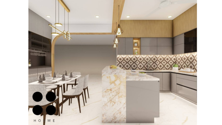 Modern kitchen interior featuring white cabinets with chrome hardware and white quartz countertops. A stainless steel sink and faucet are visible in the foreground, with a built-in oven and microwave stacked in a tall cabinet to the left and a built-in dishwasher beneath the counter to the right. Text overlay: Houme India - Interior Design Ideas. D