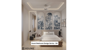 Bedroom interior featuring a tropical mural on the accent wall. The mural depicts a variety of plants and flowers, including palm trees, monstera leaves, and birds of paradise. A white bed with a woven cream blanket and pillows sits in front of the mural. Text overlay: Houme India - Interior Design Ideas.