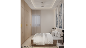 Bedroom interior featuring a tropical mural on the accent wall. The mural depicts a variety of plants and flowers, including palm trees, monstera leaves, and birds of paradise. A white bed with a woven cream blanket and pillows sits in front of the mural. Text overlay: Houme India - Interior Design Ideas. C