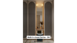 Walk-in closet interior featuring a long vanity with a white countertop and a rectangular mirror with a chrome frame above the countertop. Wood shelves line the walls on either side of the vanity, and drawers with chrome knobs are installed below the shelves on one side. Text overlay: Houme India - Interior Design Ideas.