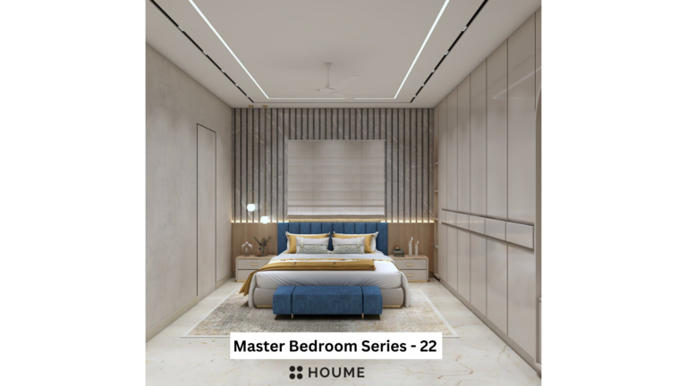 Simple and clean master bedroom interior featuring a platform bed with a light wood frame, white bedding, and a round wooden nightstand with a woven basket underneath. A woven jute rug in a light natural color covers the floor. The walls are painted a light gray color. Text overlay: Houme India - Interior Design Ideas.