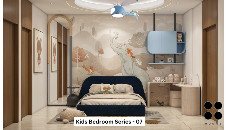 Bedroom interior featuring a king-size bed with a dark wood headboard, white bedding, and a white nightstand with a lamp on the left side. A window with white blinds is visible on the left wall. Text overlay: Houme India - Interior Design Ideas.