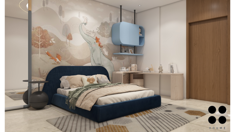 Bedroom interior featuring a king-size bed with a dark wood headboard, white bedding, and a white nightstand with a lamp on the left side. A window with white blinds is visible on the left wall. Text overlay: Houme India - Interior Design Ideas. B