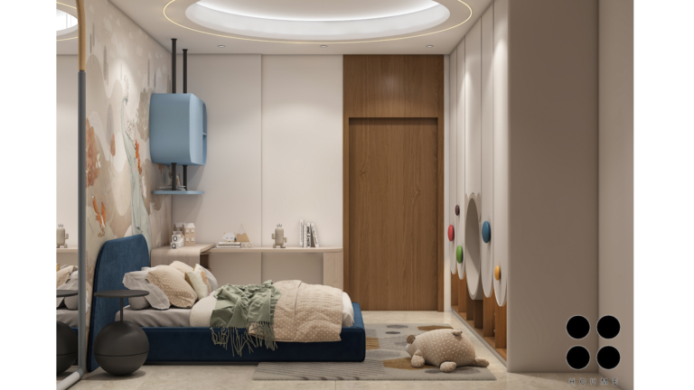 Bedroom interior featuring a king-size bed with a dark wood headboard, white bedding, and a white nightstand with a lamp on the left side. A window with white blinds is visible on the left wall. Text overlay: Houme India - Interior Design Ideas. C