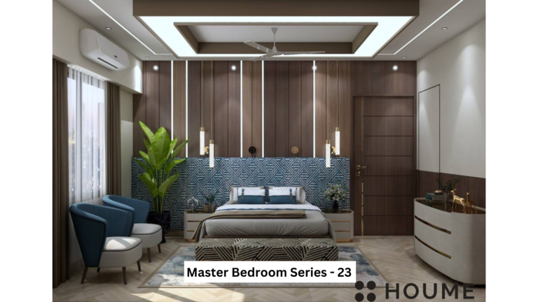 Bedroom interior featuring a king-size bed with a dark wood headboard and white bedding. A white nightstand with a lamp sits on the left side of the bed. There is a window with white blinds on the left wall. Text overlay: Houme India - Interior Design Ideas.