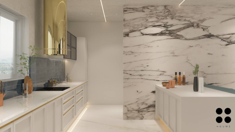 A well-lit kitchen with stainless steel appliances, light wood cabinets, and granite countertops. B