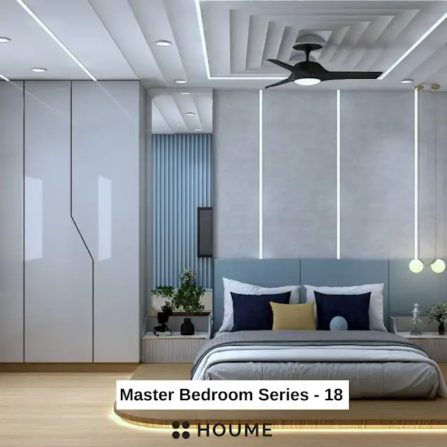 Bedroom featuring a mid-century modern bed with a tufted headboard and tapered wooden legs. A round wooden nightstand with a drawer sits beside the bed. A woven jute rug in a light natural color is on the floor. Text overlay: Houme India - Interior Design Ideas.