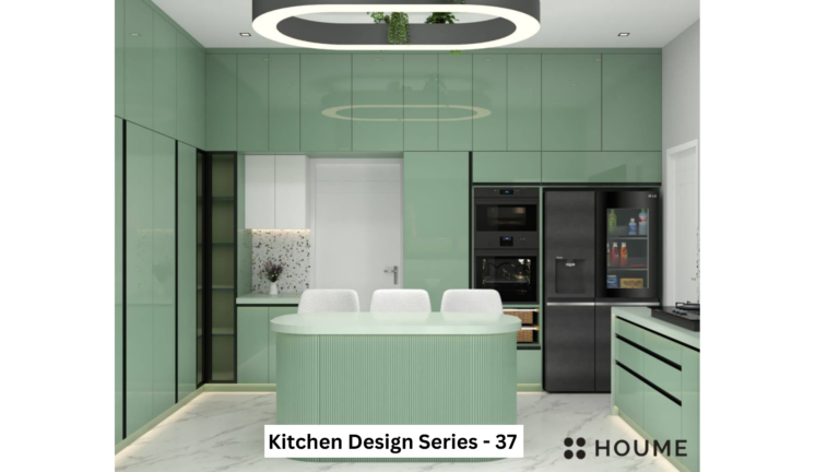 Kitchen interior featuring green cabinets with chrome hardware and black countertops. A black refrigerator and oven are visible in the background. Text overlay: Houme India - Interior Design Ideas.