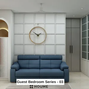 Simple, clean bathroom interior in a 3D rendering. The bathroom features a white toilet, pedestal sink with a chrome faucet, and a rectangular mirror with a chrome frame above the sink. The walls are a light beige color, and a window with frosted glass on the right wall allows for natural light. Text overlay: Houme India - Interior Design Ideas.