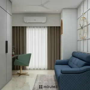 Simple, clean bathroom interior in a 3D rendering. The bathroom features a white toilet, pedestal sink with a chrome faucet, and a rectangular mirror with a chrome frame above the sink. The walls are a light beige color, and a window with frosted glass on the right wall allows for natural light. Text overlay: Houme India - Interior Design Ideas. C