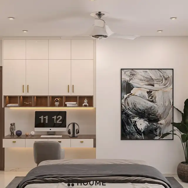 Children's bedroom interior featuring a colorful mural of a giraffe on the accent wall. A mid-century modern style bed with a woven cream blanket and pillows sits in front of the mural. A round wooden nightstand with a drawer is placed beside the bed. Text overlay: Houme India - Interior Design Ideas. C
