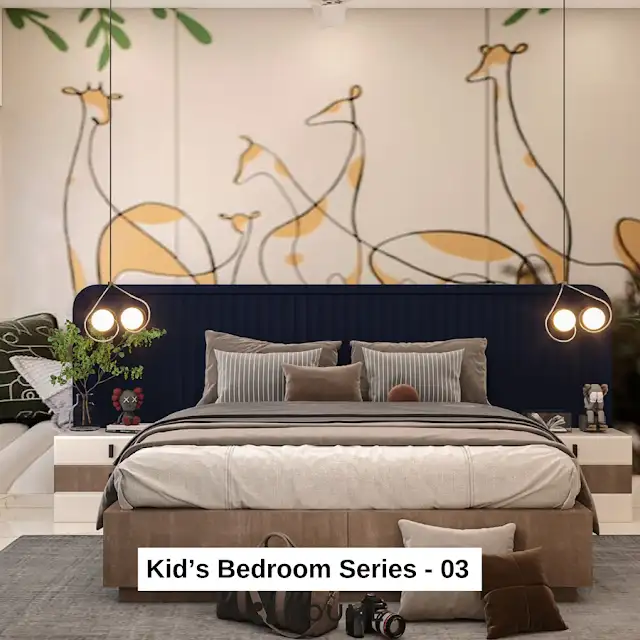 Children's bedroom interior featuring a colorful mural of a giraffe on the accent wall. A mid-century modern style bed with a woven cream blanket and pillows sits in front of the mural. A round wooden nightstand with a drawer is placed beside the bed. Text overlay: Houme India - Interior Design Ideas.