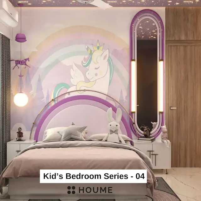 Mid-century modern bedroom interior featuring a platform bed with a walnut wood frame, a woven cream blanket and pillows, and a round wooden nightstand with a drawer. A woven jute rug covers the floor. A ceiling fan with woven blades hangs from the ceiling. The wall behind the bed is painted a light blue color. Text overlay: Houme India - Interior Design Ideas.