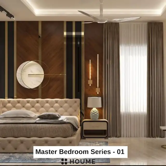 Mid-century modern bedroom interior featuring a platform bed with a walnut wood frame, a woven cream blanket and pillows, and a round wooden nightstand with a drawer. A woven jute rug covers the floor. A ceiling fan with woven blades hangs from the ceiling. Text overlay: Houme India - Interior Design Ideas.