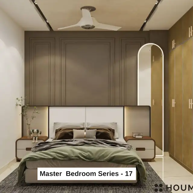 Mid-century modern bedroom interior with a low profile platform bed in walnut wood with a woven cream blanket and pillows. A round wooden nightstand with a single drawer sits beside the bed. A woven jute rug in a light natural color covers the floor. Text overlay: Houme India - Interior Design Ideas.
