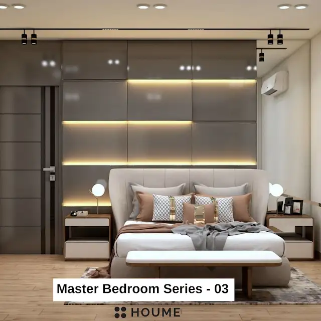 Mid-century modern bedroom featuring a platform bed with a walnut wood frame, a woven cream blanket and pillows, and a round wooden nightstand with a drawer. A woven jute rug covers the floor. A ceiling fan with woven blades hangs from the ceiling. Text overlay: Houme India - Interior Design Ideas.