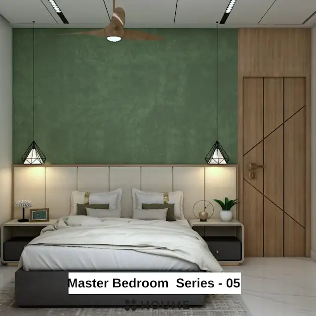 Mid-century modern bedroom featuring a platform bed with a walnut wood frame, a woven cream blanket and pillows, and a round wooden nightstand with a drawer. A woven jute rug covers the floor. A ceiling fan with woven blades hangs from the ceiling. Text overlay: Houme India - Interior Design Ideas.