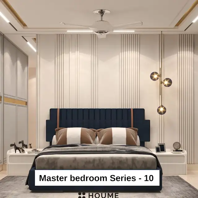 Bedroom featuring a mid-century modern platform bed with a walnut wood frame, a woven cream blanket and pillows. A round wooden nightstand with a drawer sits beside the bed. A woven jute rug in a light natural color covers the floor. A ceiling fan with woven blades hangs from the ceiling. Text overlay: Houme India - Interior Design Ideas.