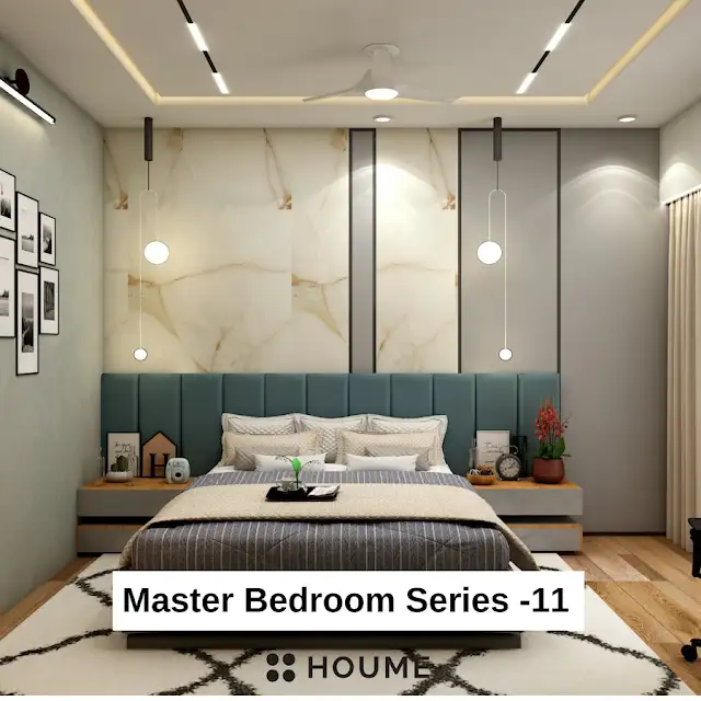 Bedroom interior featuring a mid-century modern platform bed with a walnut wood frame, a woven cream blanket and pillows. A round wooden nightstand with a drawer sits beside the bed. A woven jute rug in a light natural color covers the floor. A ceiling fan with woven blades hangs from the ceiling. Text overlay: Houme India - Interior Design Ideas.