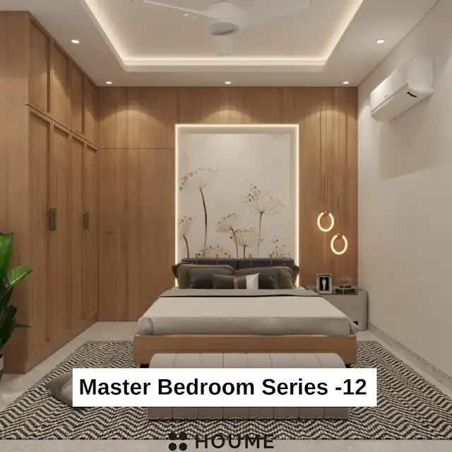 Bedroom interior featuring a mid-century modern platform bed with a walnut wood frame and a woven cream blanket and pillows. A round wooden nightstand with a drawer sits beside the bed. A woven jute rug in a light natural color covers the floor. Text overlay: Houme India - Interior Design Ideas.