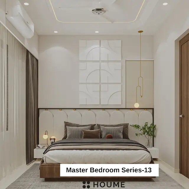 Bedroom featuring a platform bed with a textured white quilt and pillows. A wooden nightstand with a woven storage basket sits beside the bed. A table lamp with a white shade sits on the nightstand. Text overlay: Houme India - Interior Design Ideas.