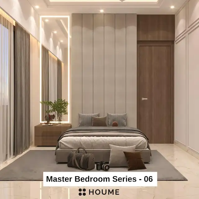 Mid-century modern bedroom interior featuring a platform bed with a walnut wood frame and a woven cream blanket and pillows. A round wooden nightstand with a drawer sits beside the bed. A woven jute rug in a light natural color covers the floor. A ceiling fan with woven blades hangs from the ceiling. Text overlay: Houme India - Interior Design Ideas.