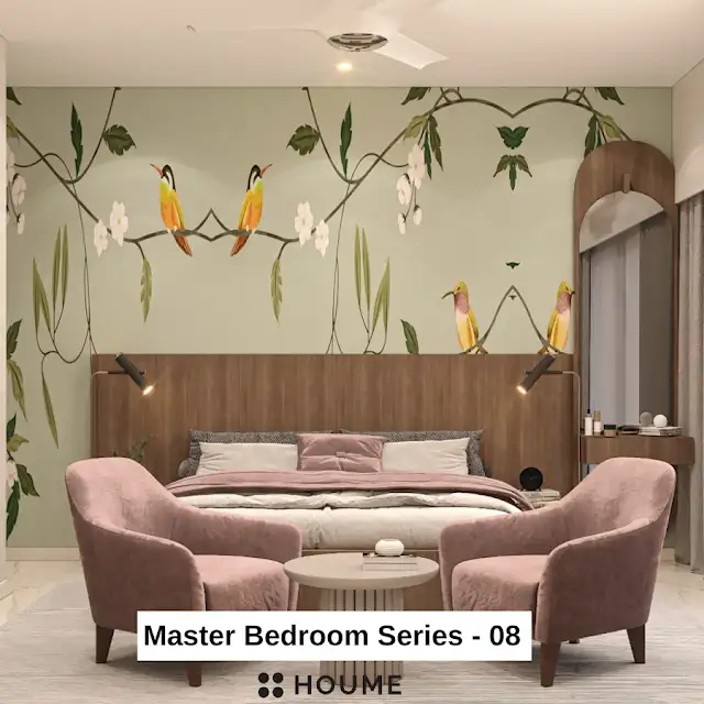 Bedroom featuring a mid-century modern platform bed with a walnut wood frame and a woven cream blanket and pillows. A round wooden nightstand with a drawer sits beside the bed. A woven jute rug in a light natural color covers the floor. A ceiling fan with woven blades hangs from the ceiling. Text overlay: Houme India - Interior Design Ideas.