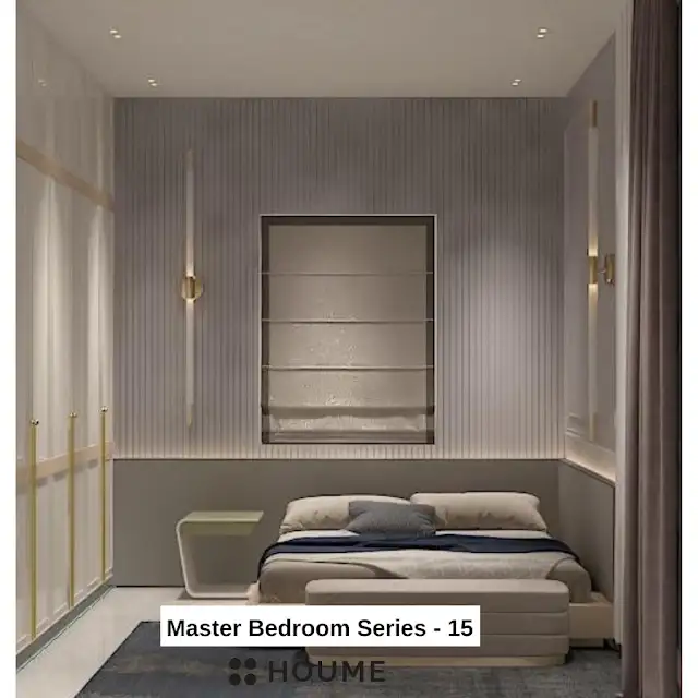 Bedroom featuring a mid-century modern platform bed with a walnut wood frame and a woven cream blanket. A round wooden nightstand with a drawer sits beside the bed. A woven jute rug in a light natural color covers the floor. Text overlay: Houme India - Interior Design Ideas.