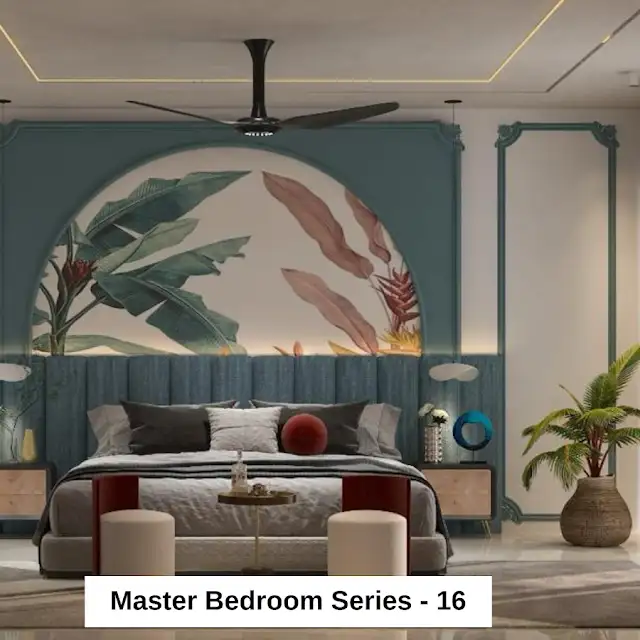 Bedroom interior featuring a tropical mural wallpaper on one wall with lush green palm trees and a blue sky. A ceiling fan with woven blades hangs from the ceiling. A wooden bed with a white quilt and pillows sits in the center of the room. Text overlay: Houme India - Interior Design Ideas.