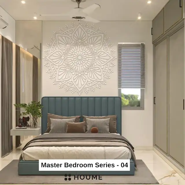 Mid-century modern bedroom interior featuring a platform bed with a walnut wood frame and a woven cream blanket and pillows. A round wooden nightstand with a drawer sits beside the bed. A woven jute rug in a light natural color covers the floor. A ceiling fan with woven blades hangs from the ceiling. Text overlay: Houme India - Interior Design Ideas.