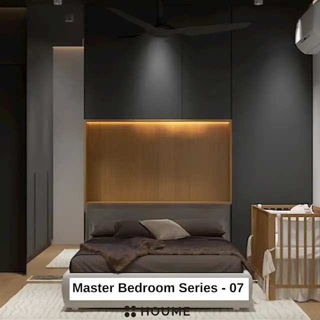 Mid-century modern master bedroom interior featuring a low profile platform bed in walnut wood with a woven cream blanket and pillows. A round wooden nightstand with a drawer sits beside the bed. A woven jute rug in a light natural color covers the floor. A ceiling fan with woven blades hangs from the ceiling. Text overlay: Houme India - Interior Design Ideas.