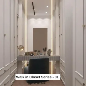 Walk-in closet interior featuring a vanity with a white countertop, a rectangular mirror with a chrome frame above the countertop, and open wood shelves lining the walls. Text overlay: Houme India - Interior Design Ideas.