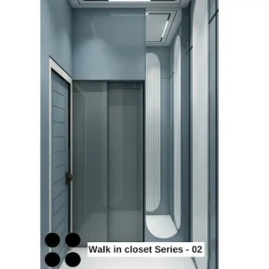 Walk-in closet interior featuring a full-length mirror on the back wall. Wood shelves line the walls on either side of the mirror, and wood drawers with chrome knobs are installed below the shelves on one side. Text overlay: Houme India - Interior Design Ideas.