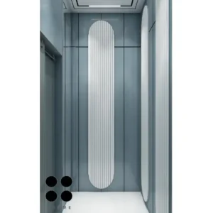 Walk-in closet interior featuring a full-length mirror on the back wall. Wood shelves line the walls on either side of the mirror, and wood drawers with chrome knobs are installed below the shelves on one side. Text overlay: Houme India - Interior Design Ideas. C