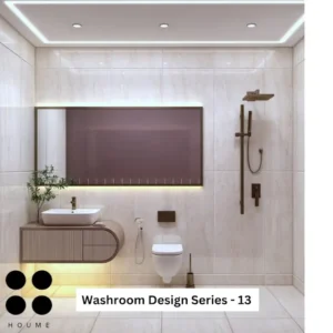 Modern bathroom interior featuring white cabinets with black countertops, chrome hardware, and black framed rectangular mirrors above the sinks. Text overlay: Houme India - Interior Design Ideas.