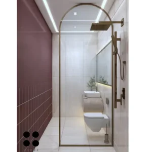 Modern bathroom interior featuring white cabinets with black countertops, chrome hardware, and black framed rectangular mirrors above the sinks. Text overlay: Houme India - Interior Design Ideas. B