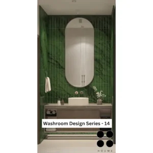 Modern bathroom interior featuring a freestanding bathtub positioned in the center of the room, with a large window behind it offering a view of a garden. The bathtub has a chrome faucet and sits on a white tile floor. Text overlay: Houme India - Interior Design Ideas.