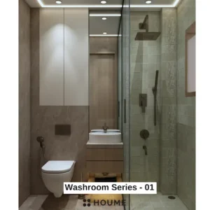 Minimalist bathroom interior featuring a white toilet, pedestal sink with a chrome faucet, and a rectangular mirror with a chrome frame. The walls are a light beige color, and a window with frosted glass on the right wall allows for natural light. Text overlay: Houme India - Interior Design Ideas.