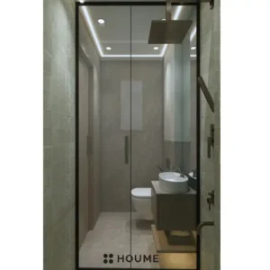 Minimalist bathroom interior featuring a white toilet, pedestal sink with a chrome faucet, and a rectangular mirror with a chrome frame. The walls are a light beige color, and a window with frosted glass on the right wall allows for natural light. Text overlay: Houme India - Interior Design Ideas. B