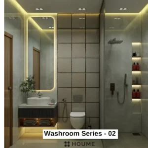 Simple, clean bathroom interior featuring a white toilet, pedestal sink with a chrome faucet, and a rectangular mirror with a chrome frame above the sink. The walls are a light beige color and there is a window with frosted glass on the right wall. Text overlay: Houme India - Interior Design Ideas.
