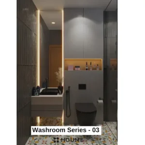 Simple, clean bathroom interior featuring a white toilet, pedestal sink with a chrome faucet, and a rectangular mirror with a chrome frame mounted above the sink. Text overlay: Houme India - Interior Design Ideas.